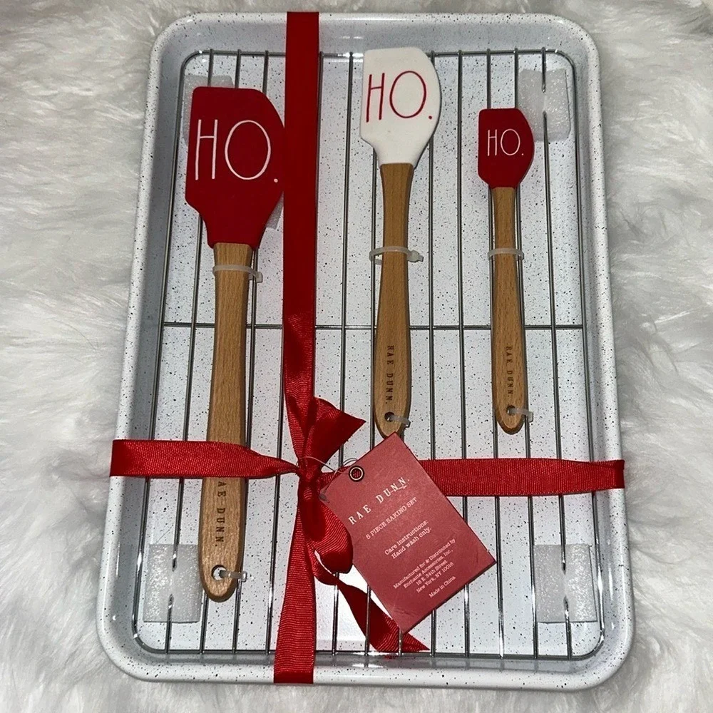 Rae Dunn Christmas 5 Piece Baking Set Ho Ho Ho Spatulas Cookie Sheet Rack